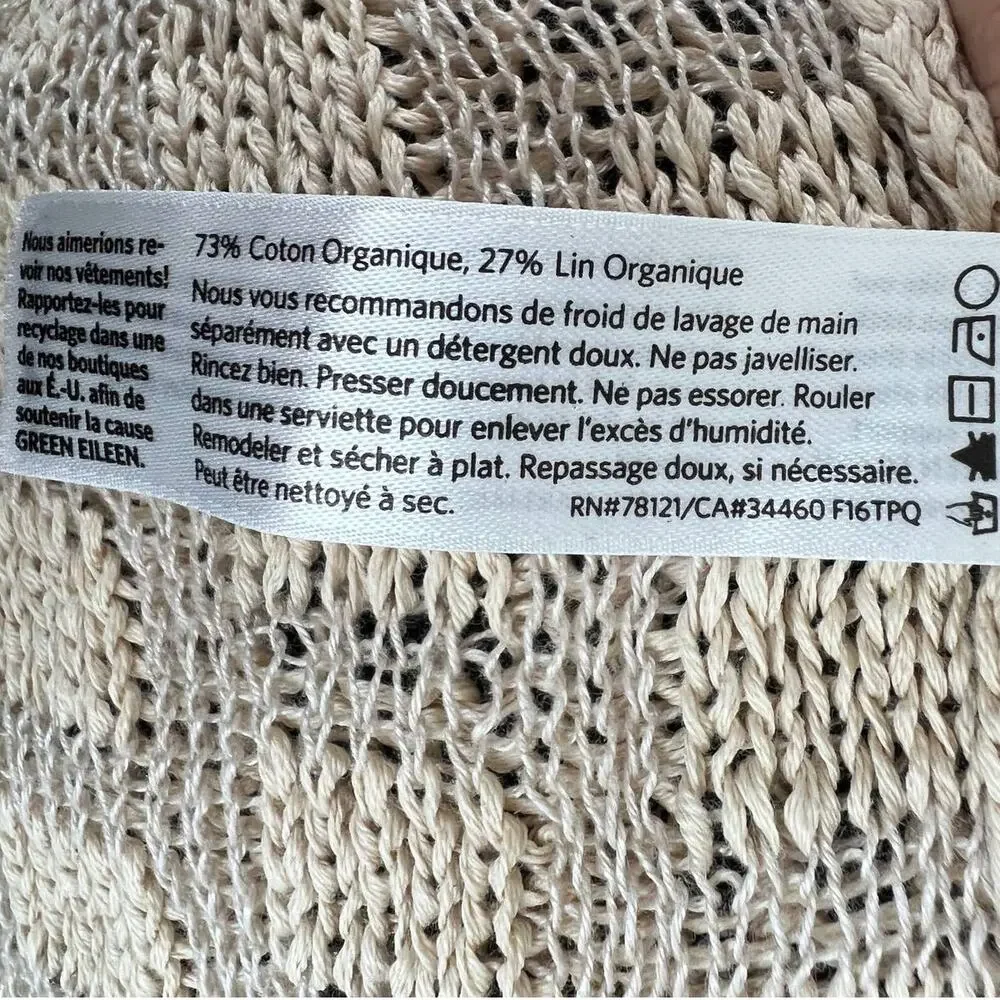 Eileen Fisher Beige Organic Cotton Linen 3/4 Sleeve Round Neck Knit Sweater S